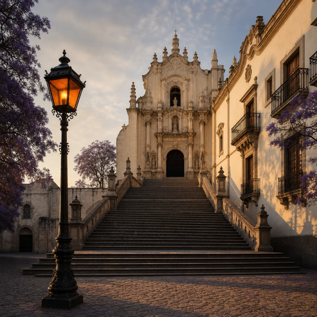 Escalinata de piedra de una fachada colonial hacia una entrada ornamentada, con un farol de hierro encendido en primer plano y jacarandás a los costados