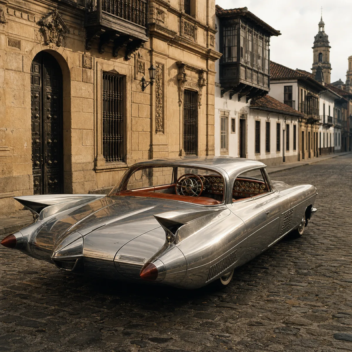 Un auto retrofuturista de cromo con aletas traseras y asientos de cuero terracota, estacionado solo en una calle colonial latinoamericana