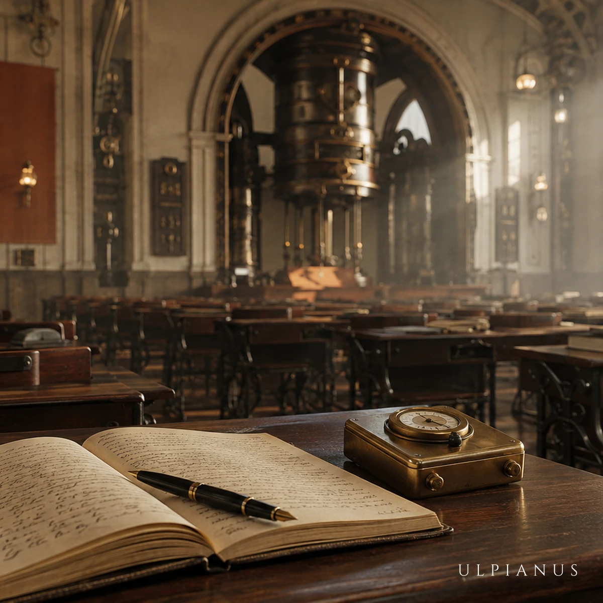 Una sala de lectura universitaria antigua con hileras de escritorios de madera, un cuaderno abierto con una pluma en primer plano y un pequeño instrumento de bronce al lado