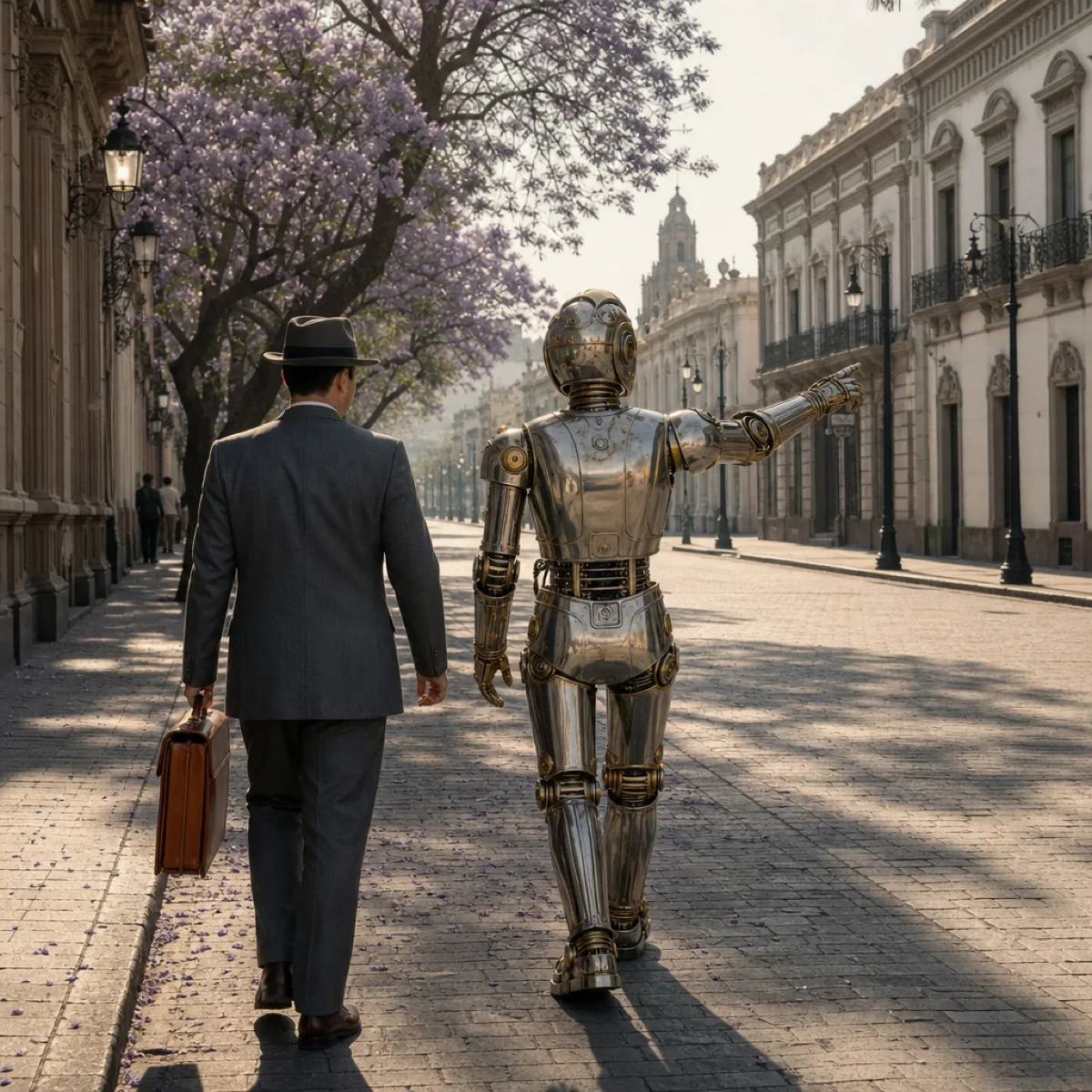 Un abogado de terno con maletín de cuero terracota camina por una avenida colonial junto a un robot cromado de diseño mecánico años 50 que señala el camino