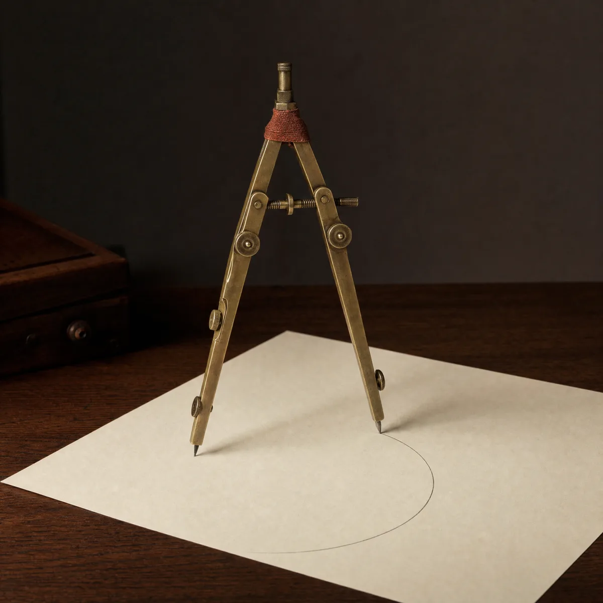 Un compás de dibujo de bronce antiguo, con el mango envuelto en cuero terracota, trazando un arco preciso sobre una hoja de papel