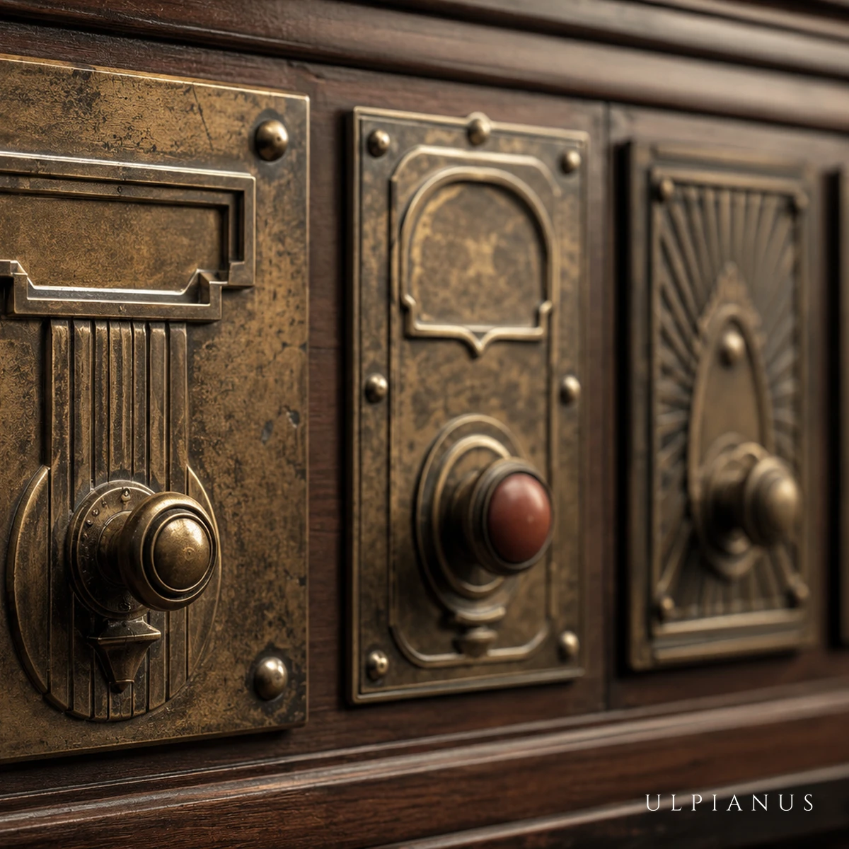 Cuatro cajones de un archivo de tarjetas de bronce, cada uno con un diseño ornamental distinto, en primer plano contra un mueble de madera oscura